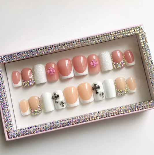 Custom Design Short Square French Tip Press on Nails(2 Sets)